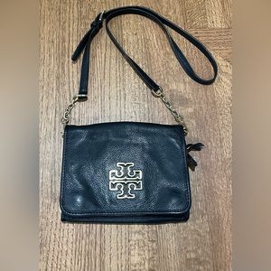 Tory Burch Black Leather Crossbody Shoulder Bag with Gold Logo